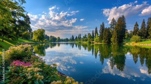 A serene lake surrounded by lush greenery and colorful flowers under a blue sky