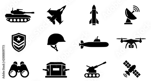Quadro su tela Military and army solid silhouette icon set containing tank fighter jet missile