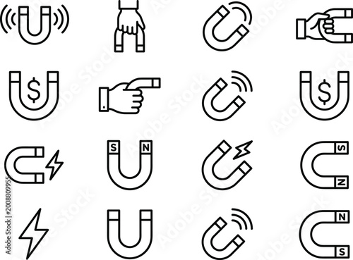 Canvastavla Magnet line icons set with attraction force polarity physics symbols electromagn