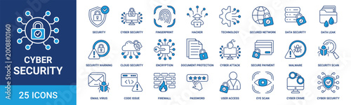 Cyber security icon set. Data protection symbol. Secured network blue icon collection. Technology concept. Vector illustration.