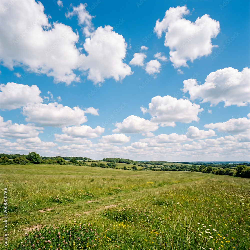 Fototapeta premium A clear blue sky with fluffy white clouds over a peaceful field of green grass