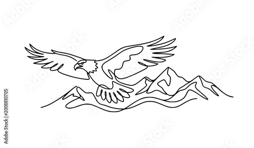 Foto Continuous line art drawing of a bald eagle flying gracefully over majestic moun