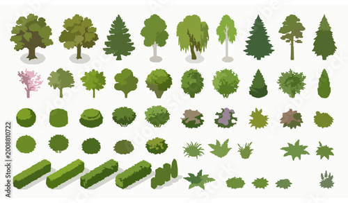 Slika na platnu Stylized vector illustration of diverse trees, shrubs, and bushes arranged in ro
