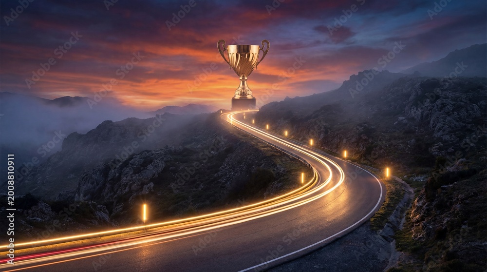 Fototapeta premium Golden Trophy at the End of an Illuminated Upward Road Symbolizing Victory and Progress Success