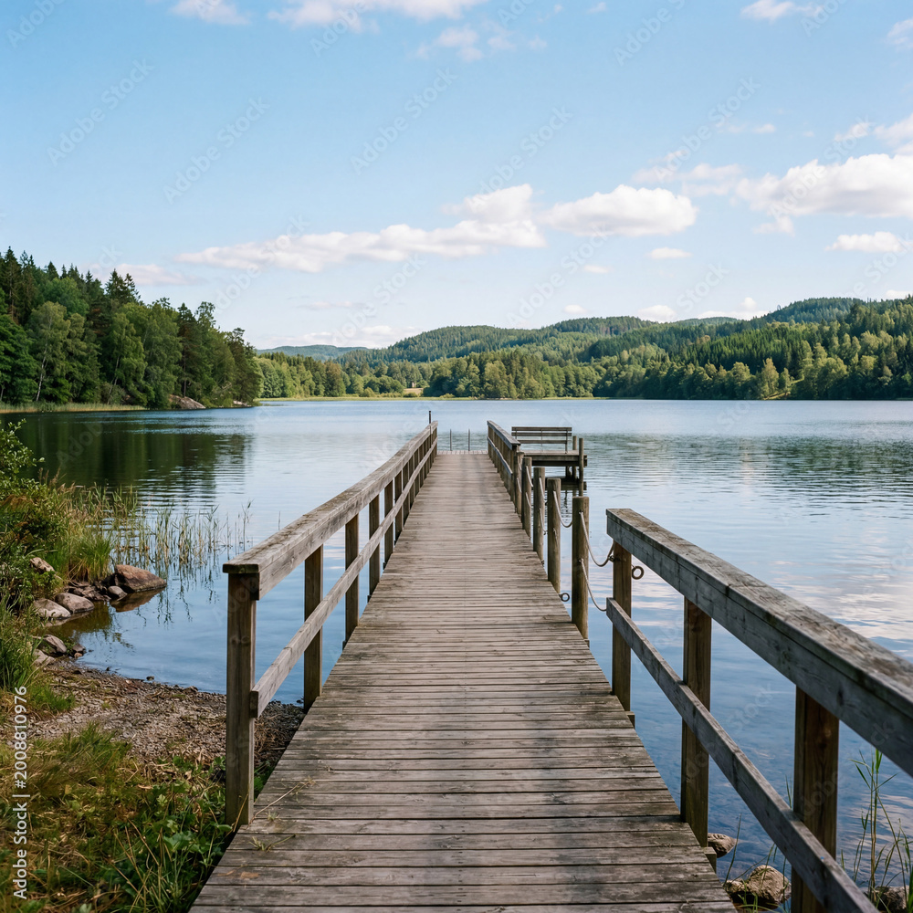 Obraz premium Wooden pier stretching into a calm summer lake with serene water reflection peaceful scene