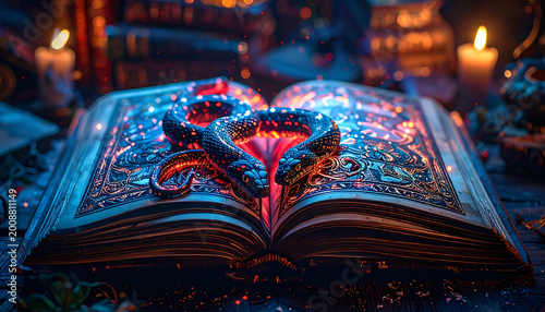 Ancient spellbook glowing with magical energy, arcane symbols and swirling particles, mystical fantasy concept, dramatic lighting, enchanted atmosphere