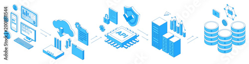 Isometric api connection concept. Modern work network, cloud and service storages. Database, application programming interface, program coding, nifty vector it scene