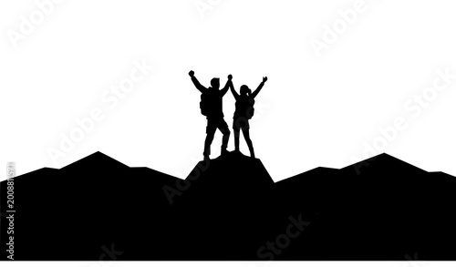 Obraz na plátně Silhouette of Two Hikers Celebrating on Mountain Summit with Raised Hands, Adven