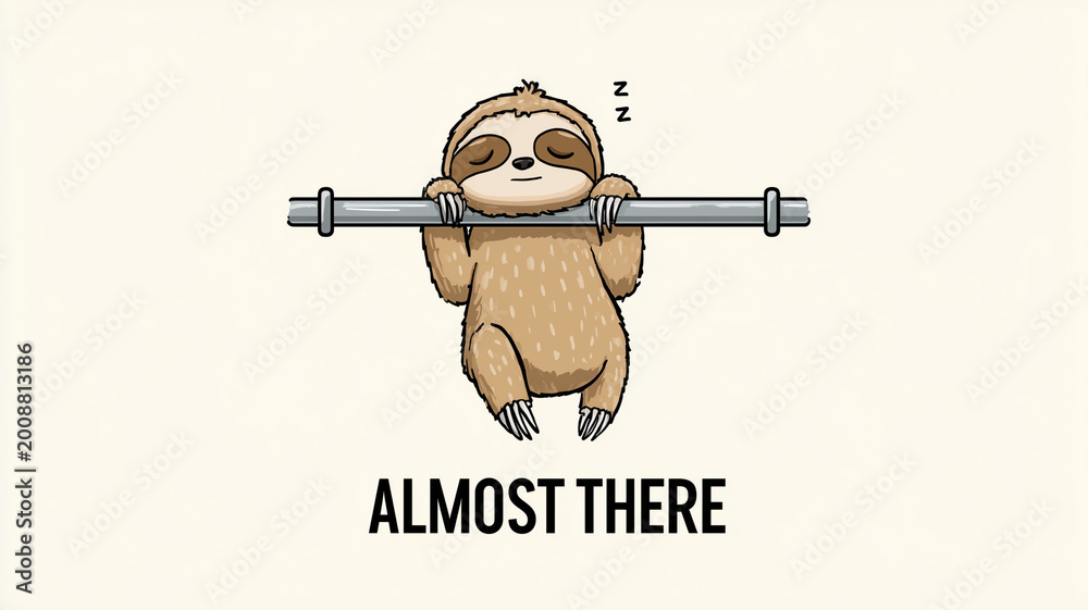 Fototapeta premium Cute Sloth Hanging from Pull Up Bar Sleeping Funny Gym Illustration Almost There Text