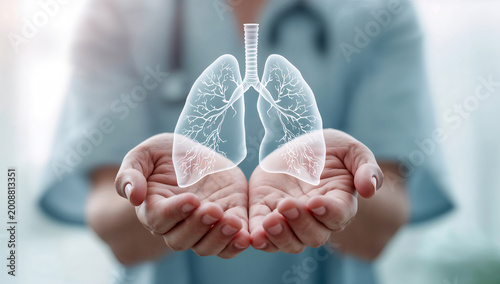 Hands holding a transparent illustration of lungs, representing respiratory health and medical care