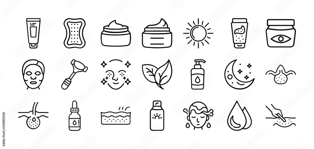 Fototapeta premium Skincare line icons set, 21 beauty product vector elements, facial care and dermatology symbols, cosmetic routine and spa treatment outline graphics