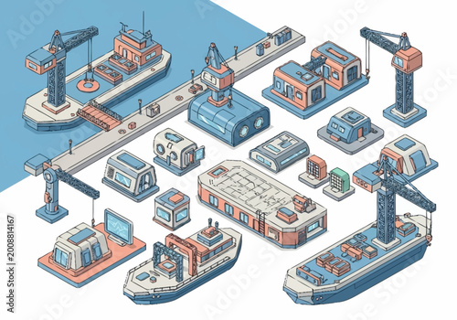 Isometric industrial port scene with ships, cranes, and buildings in a flat design style.