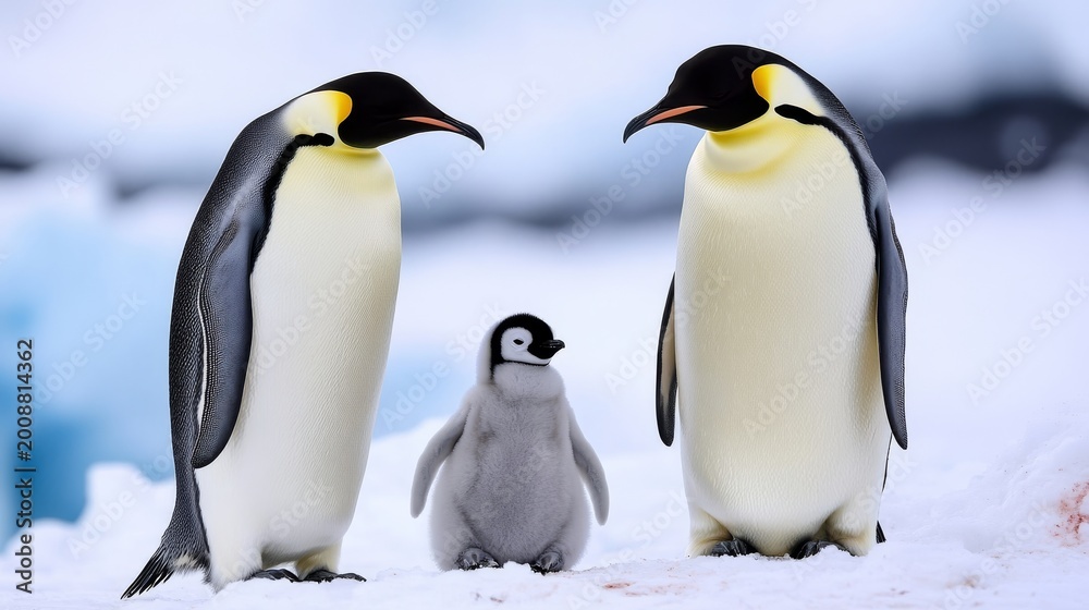 Fototapeta premium Emperor penguins with chick on icebergs in Antarctica during summer season