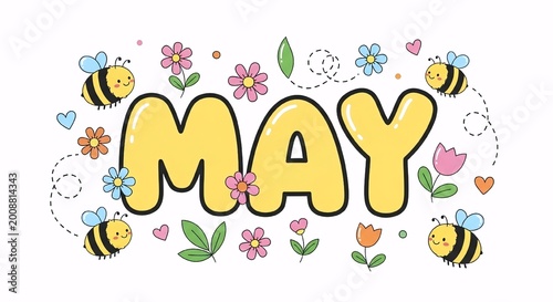 May flowers and bees illustration for spring