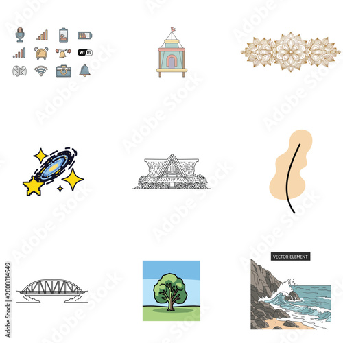 Abstract Digital Art with Technology Icons and Ornamental Patterns