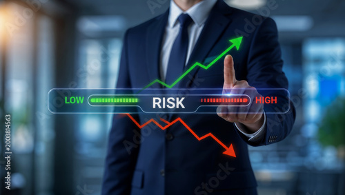 Business risk management strategy continuity insurance concept with executive pointing virtual interface showing low to high risk meter and trend