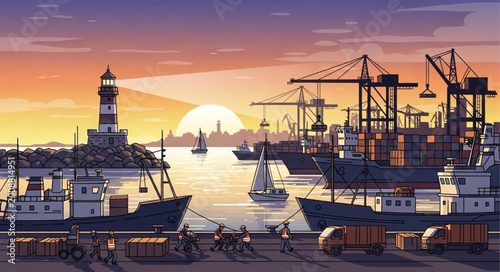 Bild auf Leinwand Harbor Scene with Ships and Cranes at Sunset.