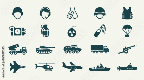 Tableau sur toile Military, army, and war vector icons set: vehicles, weapons, and gear