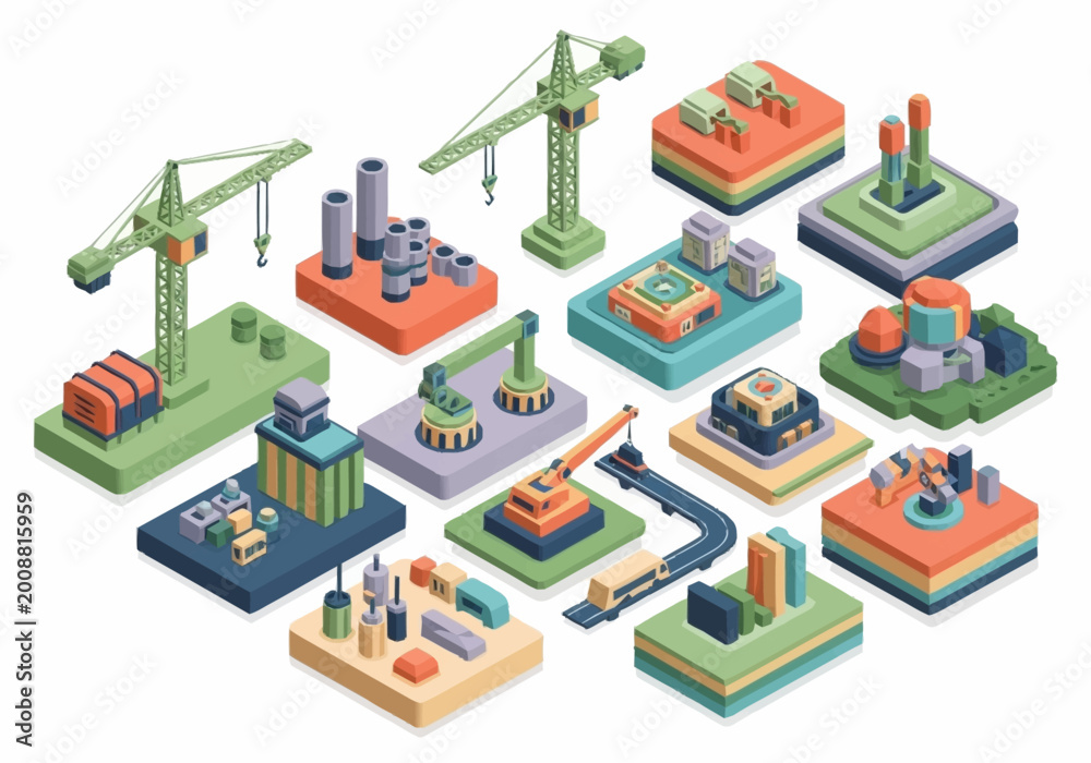 Obraz premium Isometric collection of industrial buildings, construction cranes, and factory elements in a flat design style.