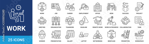 Work icon set. Containing job, career, employment, meeting, organization, teamwork and networking icons. Outline icon collection. Vector illustration.