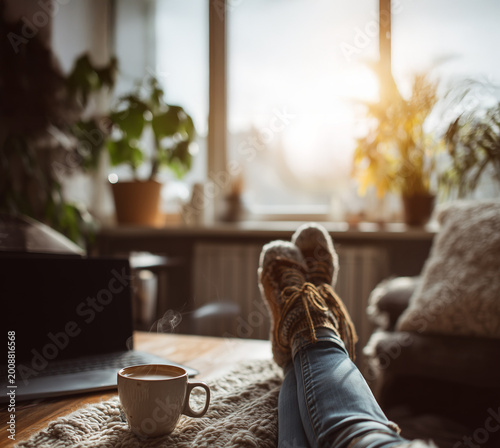 Calm freelancer relaxing after work in a cozy home office with coffee