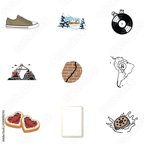 Creative Vector Collage with Sneaker Vinyl Record and Global Elements