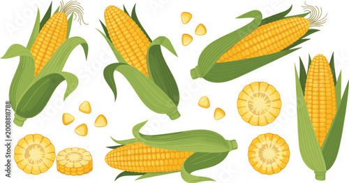 Foto Corn Illustration Icon Set Featuring Yellow Corn Cobs, Sliced Corn, and Corn Ker