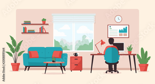 Person working at desk in a modern room with a couch and plants