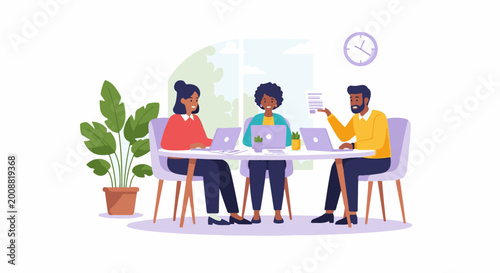 Three colleagues collaborating around a table with laptops and documents in a bright, modern office setting