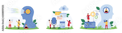 Cloud computing, coding and working on digital projects using AI and chatbot set. Tiny people work on program code with chat bot, connect virtual assistant and lab machine cartoon vector illustration