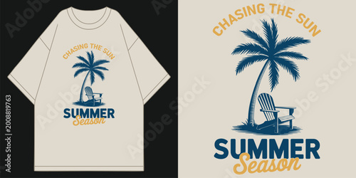 chasing the sun summer season retro palm tree vintage beach chair coastal vibes graphic aesthetic summer clothing apparel merchandise t shirt design vector illustration artwork