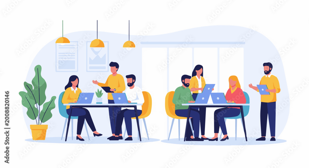 Naklejka premium People collaborating and working on laptops around tables in a modern office space