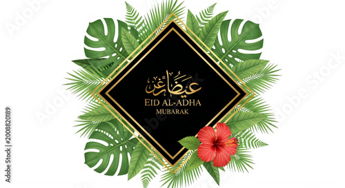 Eid AlAdha Mubarak greeting card with tropical leaves and red flower isolated transparent background