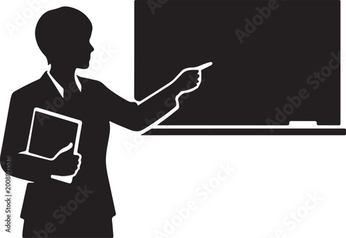 silhouette of teacher pointing at chalkboard