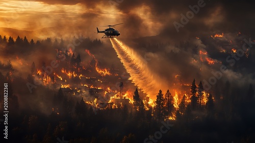 Helicopter dropping water on raging wildfire high resolution picture