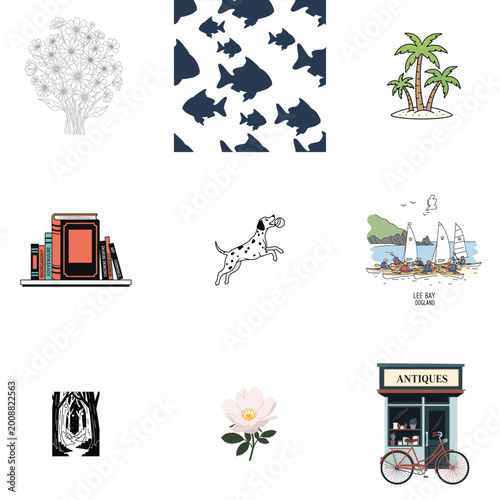 Tropical Summer Illustration with Palm Trees Fish and Sailboats