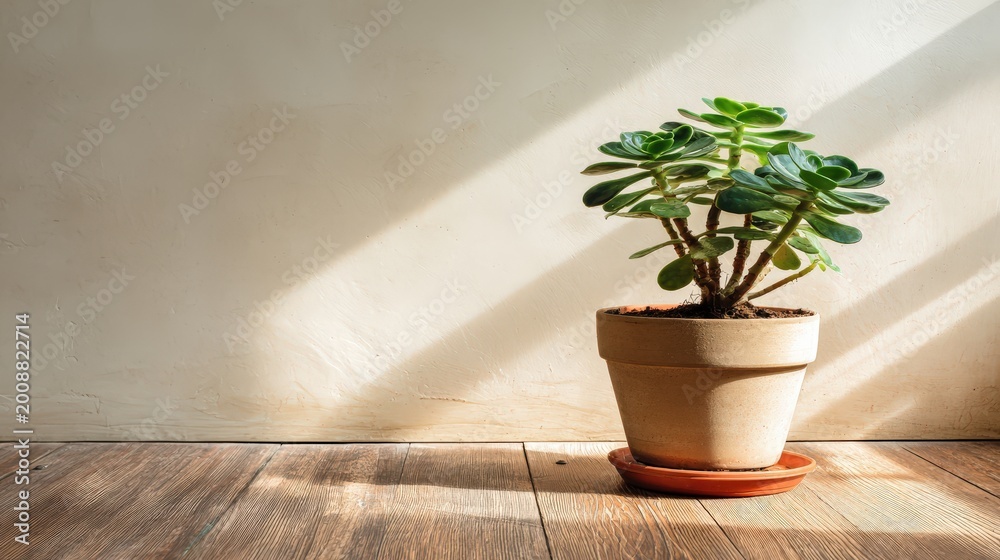 Fototapeta premium Potted succulent plant rests on a rustic wooden floor against a beige wall with soft sunlight.
