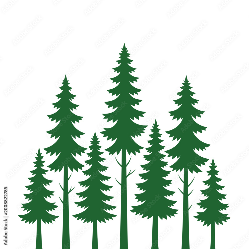 Obraz premium Green pine trees silhouette on transparent background, minimalist vector illustration for nature and forest themes, simple evergreen forest landscape.