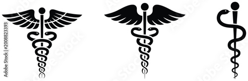 Quadro su tela Healthcare and pharmacy icon set featuring medical cross, caduceus, rod of Ascle