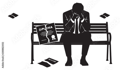 Foto Unemployed Depressed Man with Broken Diploma and Resume