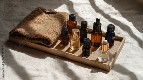 Collection of essential oil bottles arranged on a wooden tray with soft light and shadows.