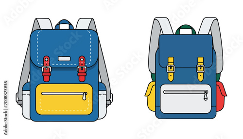 Two blue backpacks with colorful pockets and straps, front and back views, suitable for school or travel.