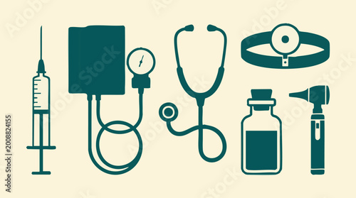 Canvas Print Medical and healthcare instruments set in flat design style