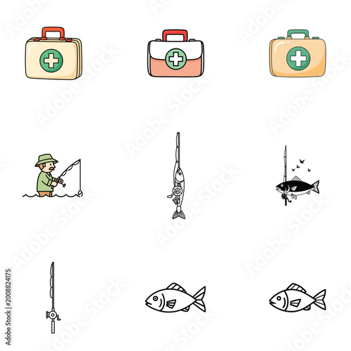 Abstract medical first aid kit and fishing hobby vector pattern