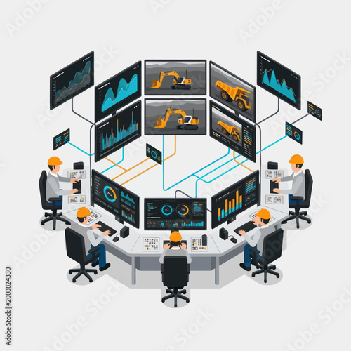 Isometric View of a Modern Control Room with Operators and Monitors.