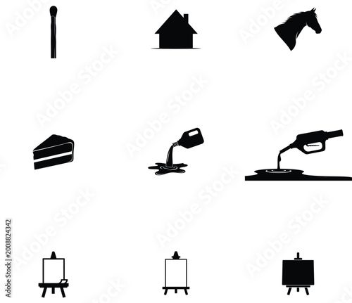 Blue gingham pattern illustration with house and horse silhouettes
