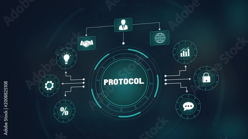 Advanced digital communication protocol system, global network interface with glowing icons, secure business data transfer and technology connection.