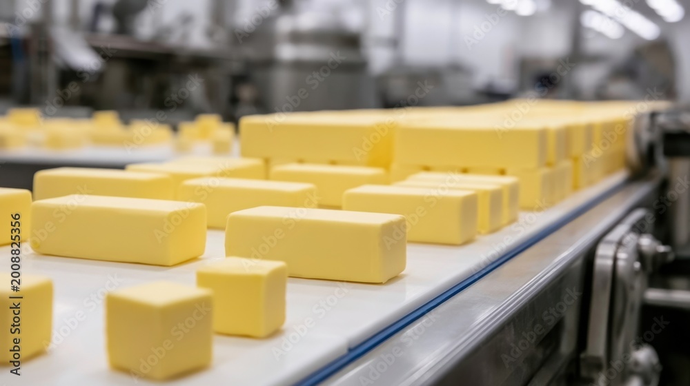 Fototapeta premium Production Line in a Factory Showcasing Butter Blocks on a Conveyor Belt Under Bright Industrial Lighting