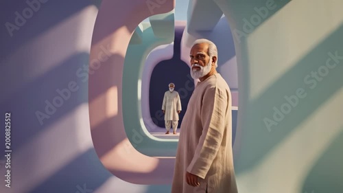 Businessman looking through magnifying glass at miniature people concept