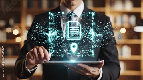 Businessman holding glowing digital tablet with holographic data suit hologram